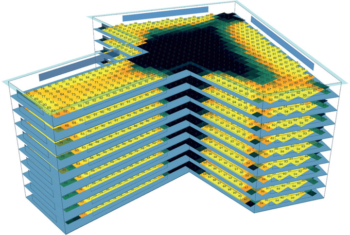 Figure 7.43 Axonometric view of a large T-shaped office in Omaha.