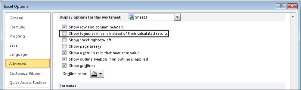 The worksheet options in Excel 2007 and Excel 2010.