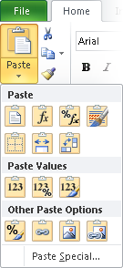 Options for pasting values in Excel 2010.