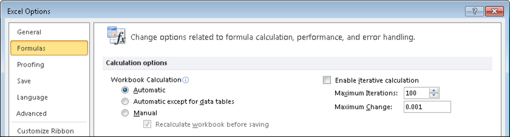 The calculation options in Excel 2007 and Excel 2010.