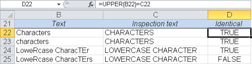 Text comparison independent of uppercase and lowercase, using the UPPER() function.