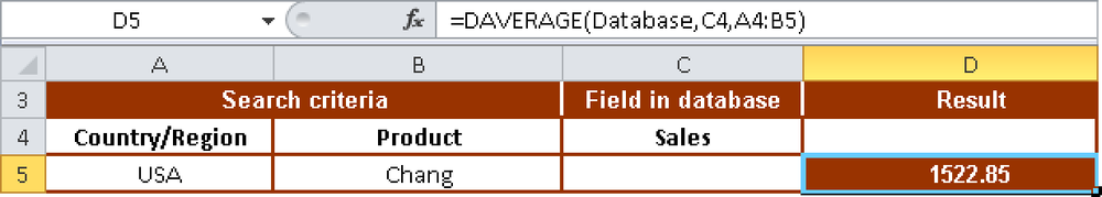 DAVERAGE() returns the average sales for Chang in the United States.