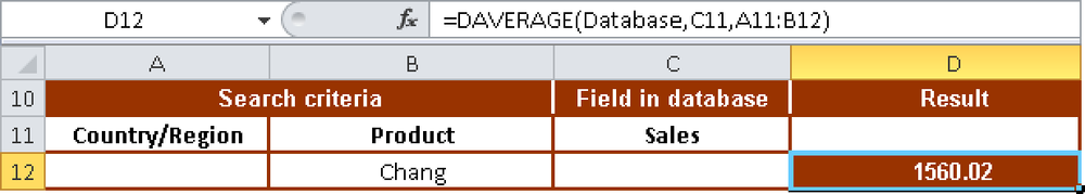 DAVERAGE() returns the average sales for the item Chang.