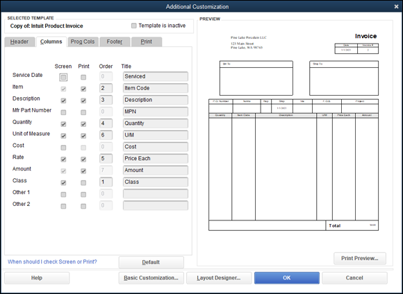 Snapshot of the Columns tab of the Additional Customization dialog box.