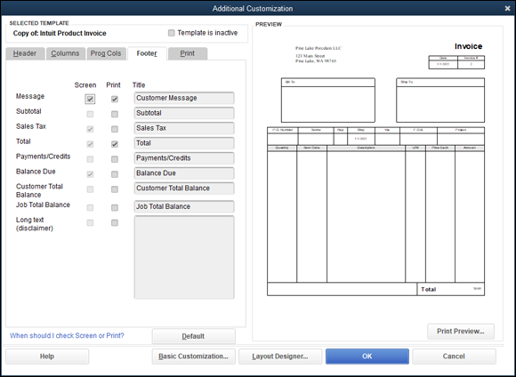 Snapshot of the Footer tab of the Additional Customization dialog box.