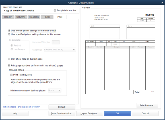 Snapshot of the Print tab of the Additional Customization dialog box.