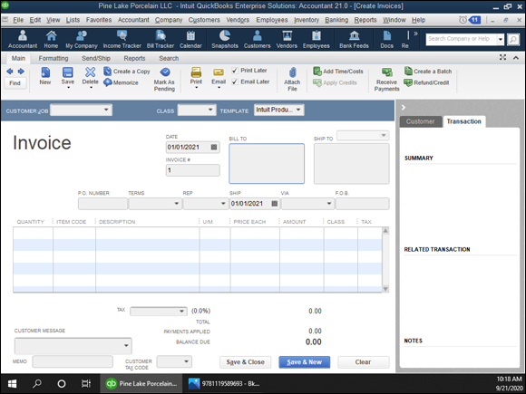 Snapshot of the Create Invoices window.