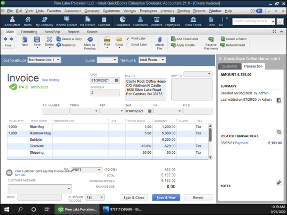 Snapshot of the Create Invoices window may look when complete.