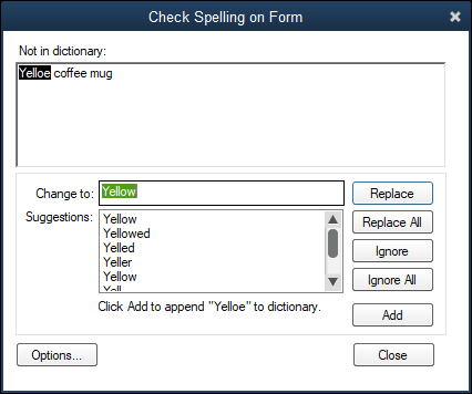 Snapshot of the Check Spelling on Form dialog box.