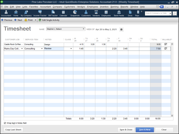 Snapshot of the Weekly Timesheet window.