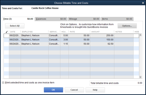 Snapshot of the Choose Billable Time and Costs dialog box.