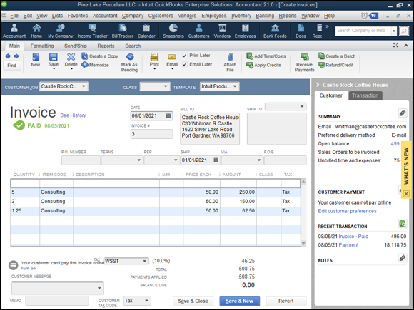 Snapshot of the Create Invoices window, billing for billable time.