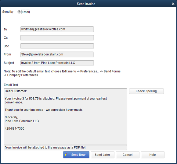 Snapshot of the Send Invoice dialog box.