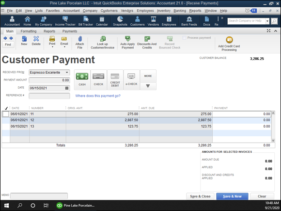 Snapshot of the Customer Payment window.