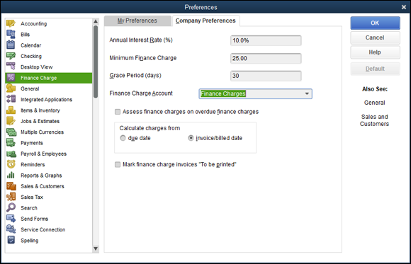 Snapshot of the Company Preferences tab of the Preferences dialog box, displaying the Finance Charge options.