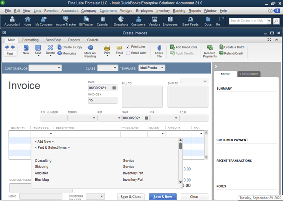 Snapshot of the Item Code column and drop-down list in the Create Invoices window.