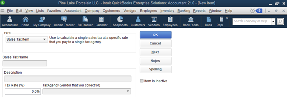 Snapshot of the Sales Tax Item version of the New Item window.