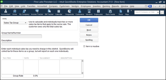 Snapshot of the Sales Tax Group version of the New Item window.