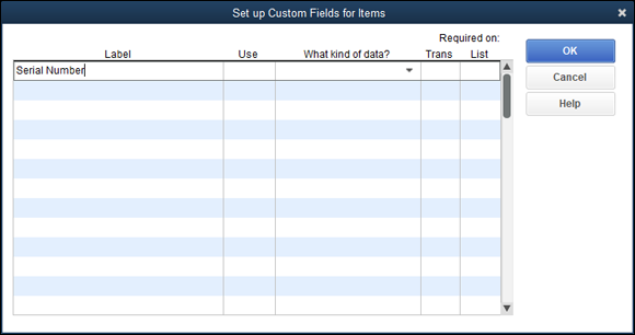 Snapshot of the Set Up Custom Fields for Items dialog box.