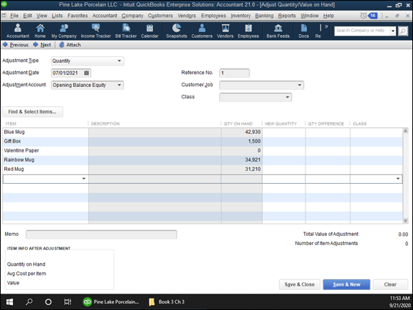 Snapshot of the Adjust Quantity/Value on Hand window.