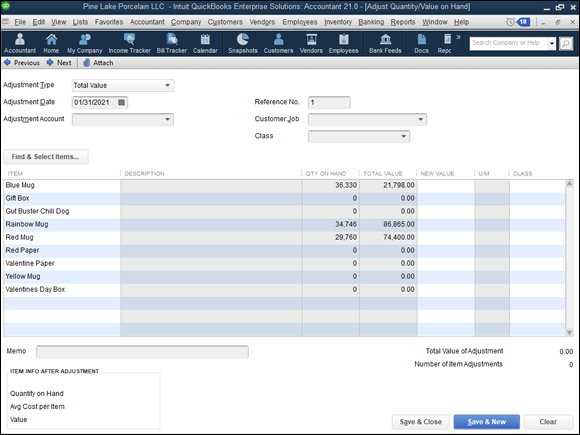 Snapshot of the expanded version of the Adjust Quantity/Value on Hand window.