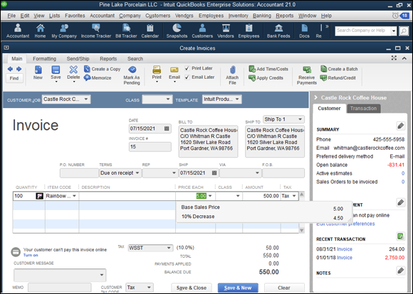 Snapshot of Choosing a price level with the Create Invoices window.