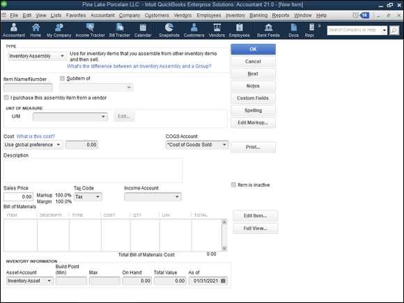 Snapshot of the Inventory Assembly version of the New Item window.