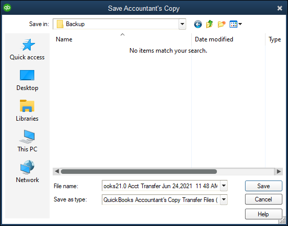 Snapshot of an updated Save Accountant’s Copy dialog box.