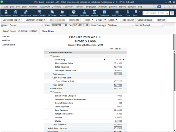 Snapshot of the Report window, showing a profit and loss statement.