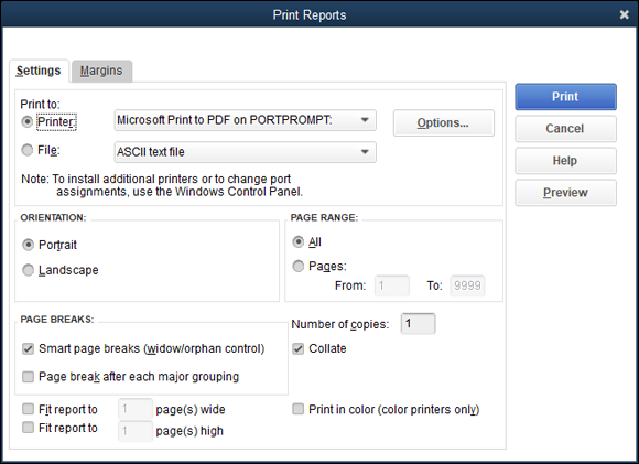 Snapshot of the Settings tab of the Print Reports dialog box.