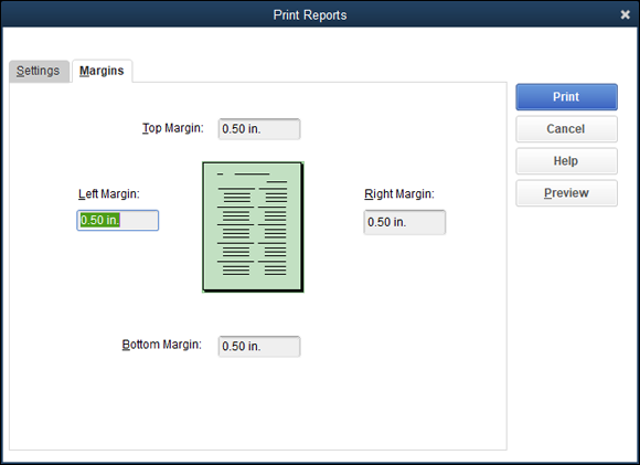 Snapshot of the Margins tab of the Print Reports dialog box.