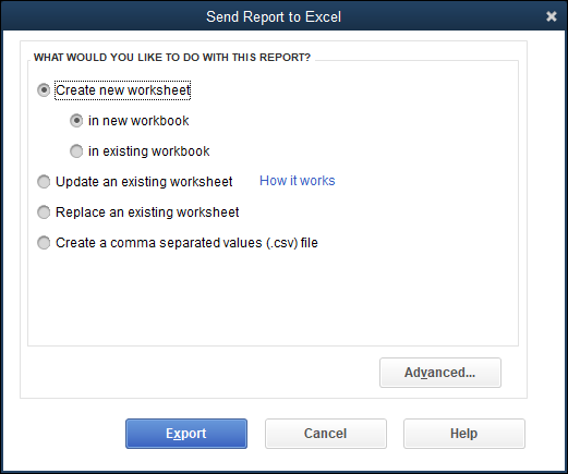 Snapshot of the Send Report to Excel dialog box.