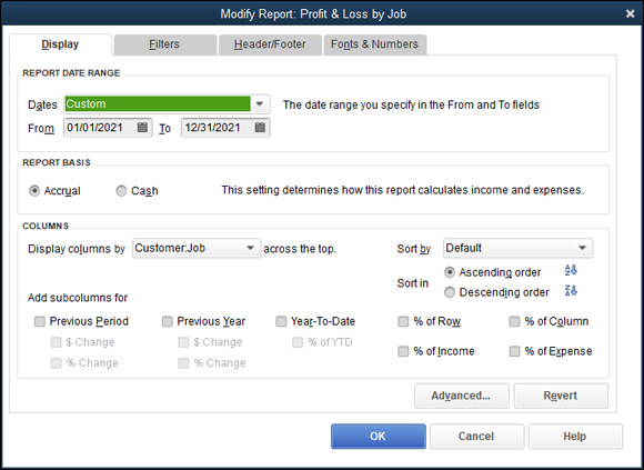 Snapshot of the Display tab of the Modify Report dialog box for a profit and loss statement.