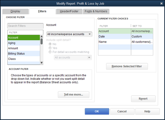 Snapshot of the Filters tab of the Modify Report dialog box.