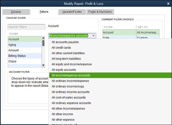 Snapshot of selecting an account filter.