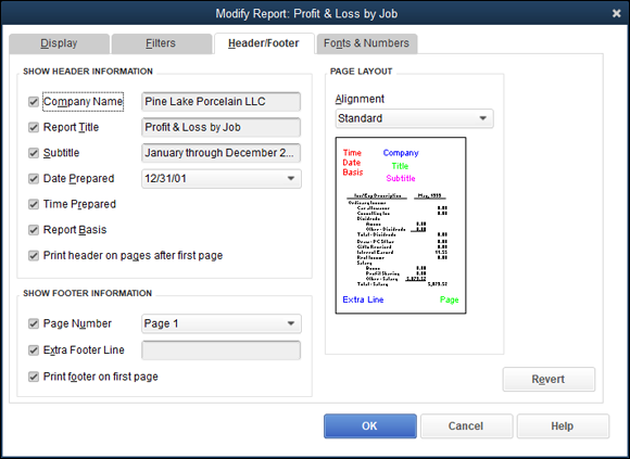 Snapshot of the Header/Footer tab of the Modify Report dialog box.