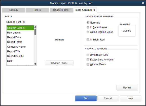 Snapshot of the Fonts & Numbers tab of the Modify Report dialog box.