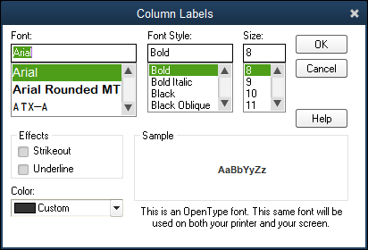 Snapshot of the Column Labels version of the Change Font dialog box.