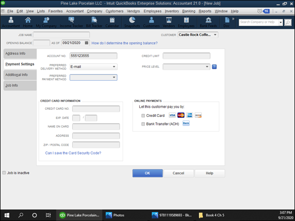 Snapshot of the Payment Settings tab of the New Job window.