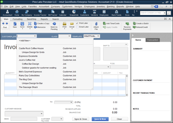 Snapshot of the Create Invoices window.