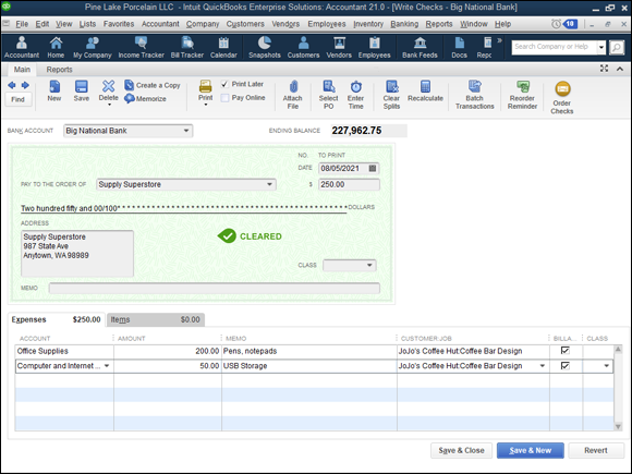 Snapshot of the Write Checks window.