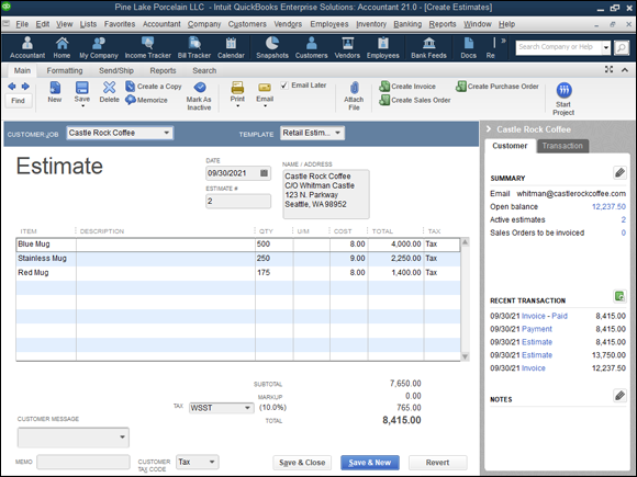 Snapshot of the Create Estimates window.