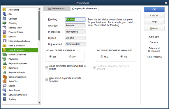 Snapshot of the Company Preferences tab for Job & Estimates Preferences.
