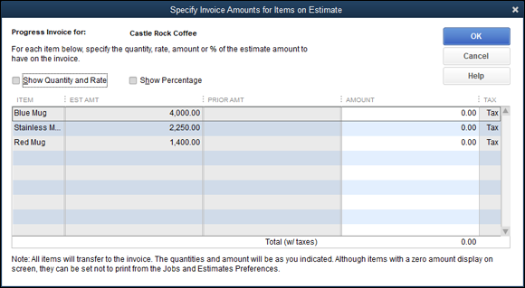 Snapshot of the Specify Invoice Amounts for Items on Estimate dialog box.