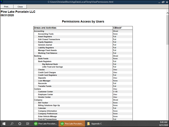 Snapshot of the View Permissions window.