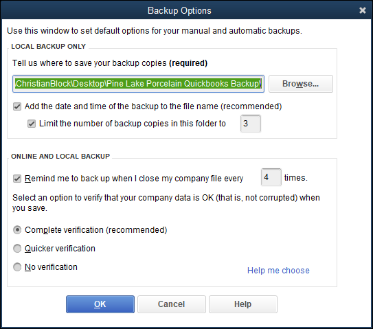 Snapshot of the Backup Options dialog box.