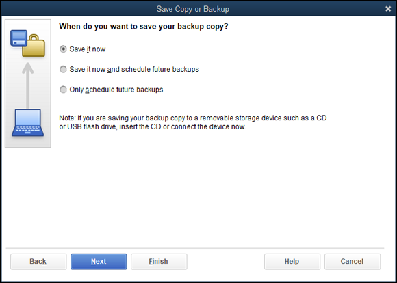 Snapshot of the Save Copy or Backup dialog box asking when you want to back up.