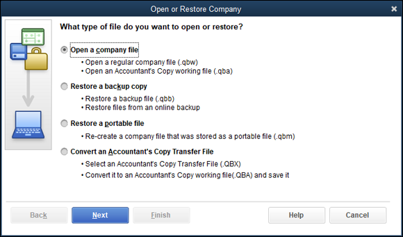 Snapshot of the Open or Restore Company dialog box.