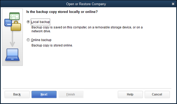 Snapshot of the Open or Restore Company dialog box that asking where you’ve backed up.