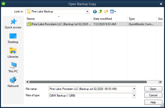 Snapshot of the Open Backup Copy dialog box.